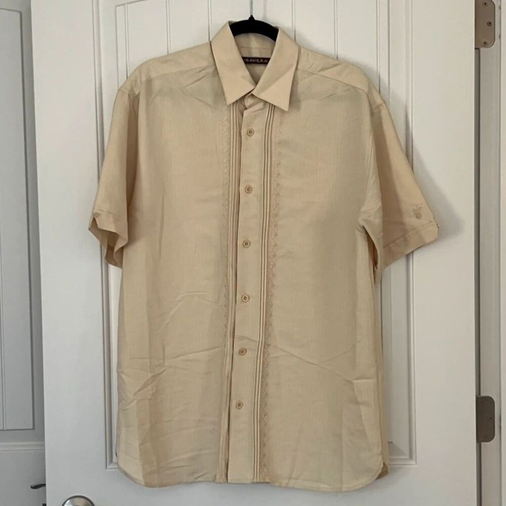 Cubavera Mens M Cream Embroidered Guayabera Short Sleeve Shirt Buttery Yellow
